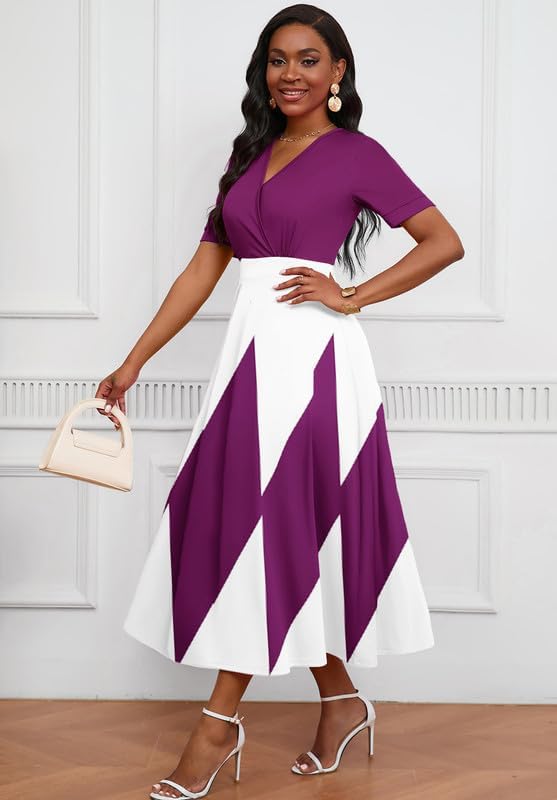 Image of MarryUP Women's Midi Dresses - V Neck Cocktail & Church Tea Dresses - Short Sleeve A-Line Swing Dress
