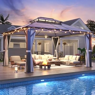 GARTOO 12'x14' Hardtop Gazebo, Outdoor Gazebo with Translucent Double Roof, Polycarbonate Top Metal Frame Garden Tent with Breathable Mesh & Privacy Curtains for Patio, Lawn, Garden, Backyard