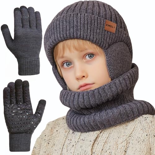 Image of Kids Winter Beanie Hat Scarf Gloves Set 4-10Y, Knit Hat With Earmuffs Neck Gaiter Fleece Lined Touchscreen Gloves Boys Girls