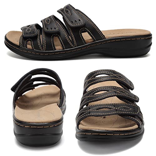 CIOR Women's Classic Leather Sandals, Black, Flat, Open Toe, Arch Support, Adjustable Strap, Casual, Water Resistant, Perfect for Beach, Street, Shopping, Dating, Vacation, Pool, Party4