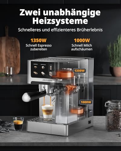 Espressomaschine Siebträgermaschine 20 Bar mit Automatischer Milchaufschäumer, Cappuccino & Latte Kaffeemaschine, Dual Boiler (1350W & 1000W), 15S Extraktion, Edelstahl, 1.8L Wassertank, Touchscreen – Bild 4