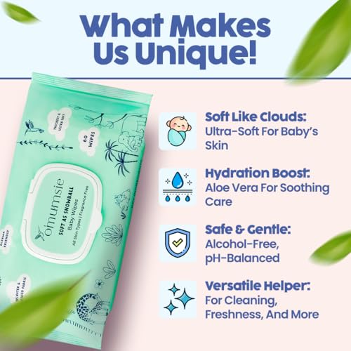 Image of Omumsie 99% Pure Water (Unscented) Baby Wipes | Made With Thickest Plant Based Cotton Fibers | 60 pcs per pack (Pack of 3)