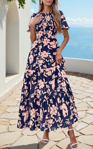 Image of PRETTYGARDEN Women's 2026 Summer Casual Flutter Short Sleeve Boho Floral Maxi Dress Crew Neck Smocked Tiered Long Dresses
