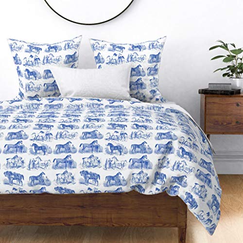 Roostery Cotton Sateen Duvet Cover, King/Cali King - Blue Horses Equestrian Toile Delft Vintage Victorian Horse Pony Print Custom Bedding by Spoonflower