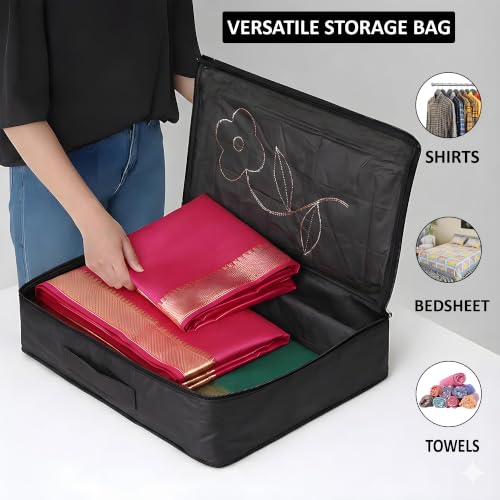 Image of Kuber Industries 2 Pcs Parachute Saree Cover for Storage with Zip Closure | Wardrobe Organizer for Storage | Saree Organiser for Wardrobe | Embroidery Design - Black