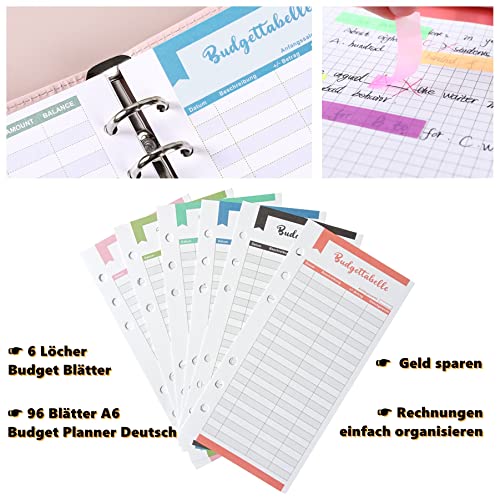 96 Blätter Budget Blätter Deutsch A6 Nachfüllpapier Budgetplanner Papier (182 Seiten) 6 Löcher Budget Sheets für Ringbuch A6 Binder Notebook Haftnotizzettel transparent 2 Blätter Aufkleber Deutsch