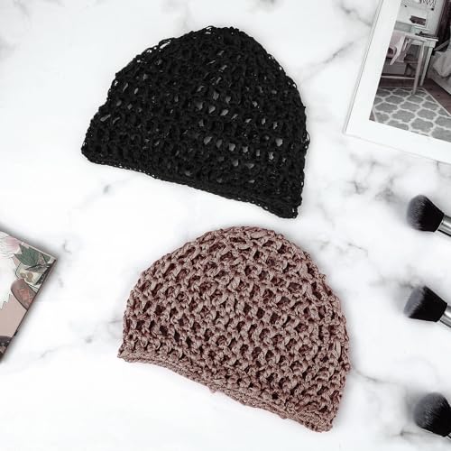 Hair Net Wrap 2 PCS Elastic Sleep Net Hairnet Knit Sleeping Cover Breathable Crochet Head Cap Stretchy Mesh Bandana Anti Frizz Shower Bathing Hats Press Absorption Curly Straight Hair(Brown/Black) - Image 4
