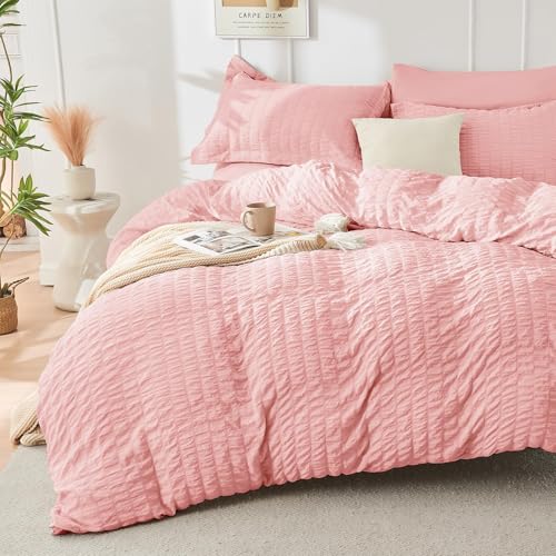 Image of HYMOKEGE Rose Pink King Size Comforter Set Seersucker 7 Pieces, All Season Luxury Bed in a Bag for Bedroom, Bedding Set with Comforter, Sheets, Pillowcases & Shams