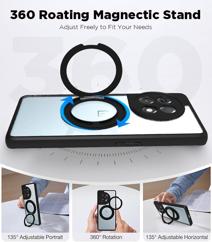 Image of RIGGEAR Shockproof Sleek Hybrid Armor 360 Rotating Magnetic Ring Stand Back Cover Case Compatible with MagSafe Accessories for OnePlus 11R (Clear PC + Black TPU Bumper)