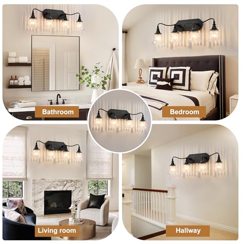 Image of LmnLvn 4-Light Bathroom Vanity Light, Matte Black with Crystal Glass Shade
