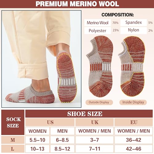 Image of Merino Wool Ankle Athletic Running No Show Socks Cushioned Breathable Sports Warm Thick Socks for Men and Women 6 Pairs