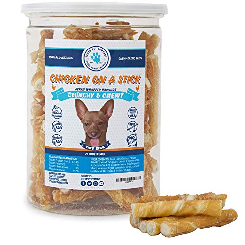 Texas Pet Company Chicken on a Stick Crunchy & Chewy Chicken Jerky Wrapped Rawhides for Dogs, Made in The USA Dog Treats, Chicken Jerky for Dogs, 2 Treats in 1 for Toy Dogs to Small Dogs, 75 Count
