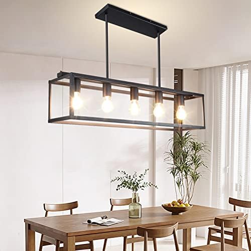Depuley 5-Light Farmhouse Linear Light Fixture Chandelier, Vintage Island Light Fixtures, Rectangular Metal Cage Table Pendant Lighting for Dining Room, Kitchen, Breakfast Bar, 5×E26 Bulbs Included