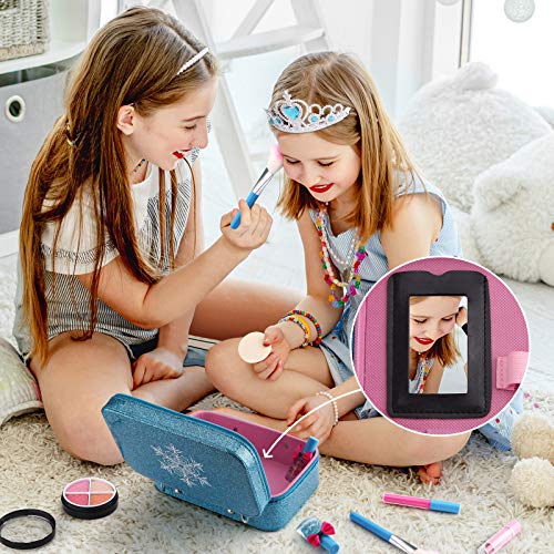 KIZSBRO 21pcs Kids Makeup Kit for Girls, Kids Play Washable Makeup Set with Frozen Cosmetic Case, Eyeshadow/Lip Gloss/Blush, First Princess Little Starter Kit Toys for 3 4 5 6 7 8 9 10 Year Old Girls