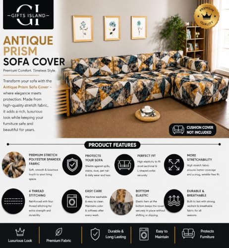 Image of Gifts Island Premium 160GSM Super Soft Antique Prism Stretchable Sofa Cover L Shape 5 Seater Fully Covered | Suitable for Both Left and Right Side Chaise Sofa (Antique Prism, 3+2 Seater)