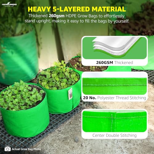 Image of Anandi Green's Premium HDPE Uv Protected 260 GSM Round Green Colour Plant Grow Bag, Suitable for Terrace and Vegetable Gardening Size 9x6 Inch Pack of 20