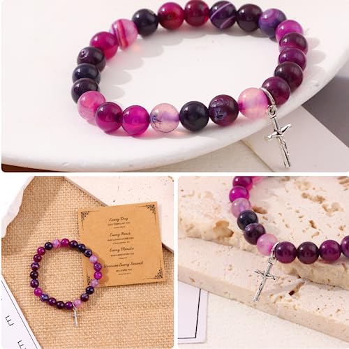 FIRAZIO 8Pcs Christian Gifts for Women Men, Inspirational Gifts Natural Stone Cross Bracelet with Bible Verse Prayers Card Religious Gifts for Women Friends3