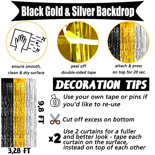 Image of 4 Pack 3.2Ft x 9.8Ft Black Gold Silver Fringe Curtain Backdrop, Metallic Tinsel Foil Fringe Streamers Curtains Background for Wedding Notorious One Birthday Roaring 20s Graduation Party Decoration