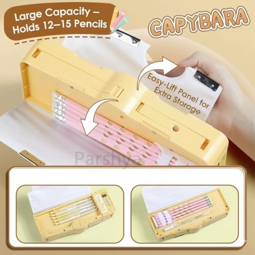 Image of KiddieWorld Capibara Multifunction Pencil Box for Kids with Calculator, Sharpener, Scissor Pop-Out, Magnetic Closure, Large Capacity Double-Sided Storage | Cute Cartoon Pencil Case