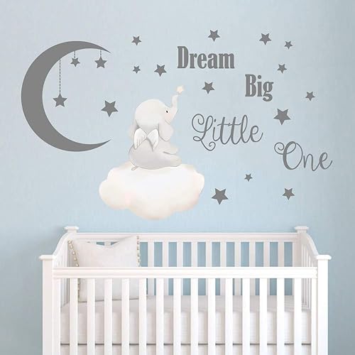 Runtoo Calcomanías de pared Dream Big Little One con citas inspiradoras de elefante, calcomanías de pared para dormitorio, sala de juegos,