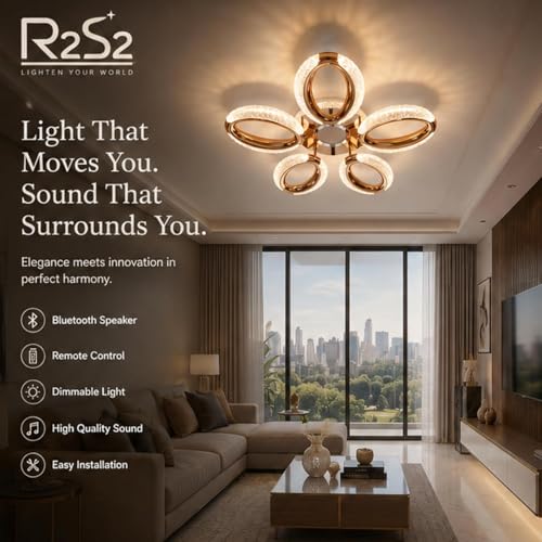 Image of LED Ceiling Light with Bluetooth Speaker & Remote Control, Dimmable 3 Color Modes (Warm /Neutral /Cool White), Rose Gold Crystal Flush Mount Chandelier for Living Room, Bedroom Dining Room
