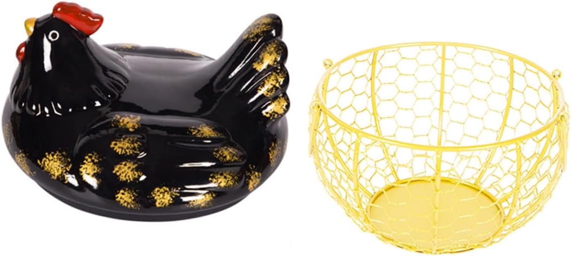BESPORTBLE Iron Art Egg Storage Basket with Chicken Shape Lid, Black and Gold Metal Wire Egg Holder for Kitchen Countertop, Food Storage Container Suitable for Home and Refrigerator Use