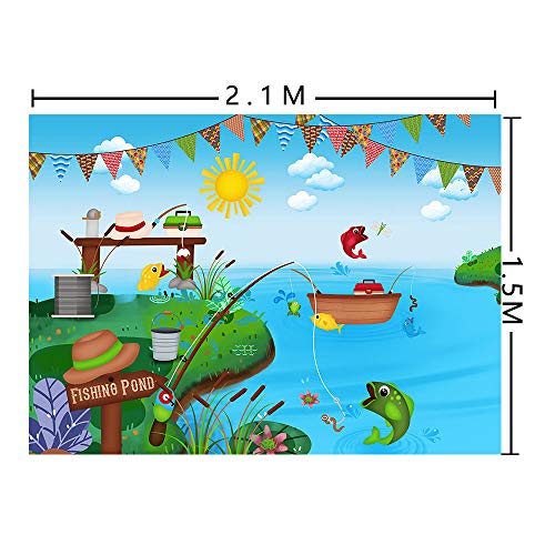 Summer Nature Pond Backdrop Fishing Rod Reel Fish Baby Shower Birthday Party Banner Supplies Kids Boys or Girls Cake Table Background Photo Studio Booth Props