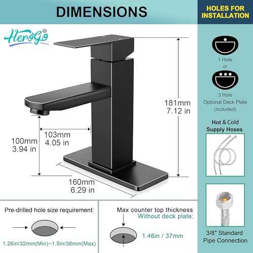 Image of Herogo Black Bathroom Faucet, Stainless Steel Modern Bathroom Sink Faucets with Pop-up Sink Drain & Deck Plate 1 or 3 Hole, Single Handle RV Washbasin Lavatory Faucet with 2 Water Hoses