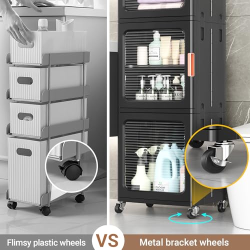 Image of BROVIEW 4-Tier Tall Narrow Storage Cabinet 14.6 inch Wide, Slim Bathroom Cabinets with Adjustable Shelves and Doors, Plastic Kitchen Pantry Organizers and Storages for Small Space, Laundry, Black