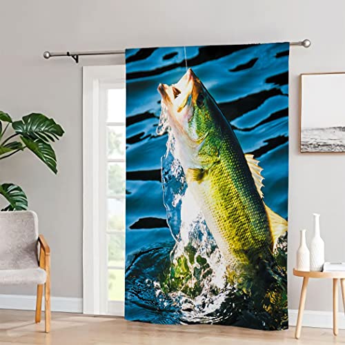 Zomer Tratamentos de janela com bolso para bar, cortinas de privacidade para sala de estar, quarto, 1 painel cortinas 52 W x 96 L-Fish Caught