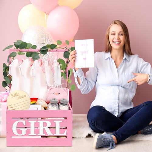 Image of Barydat Wooden Baby Shower Crate Closet Basket with Handle Baby Announcement Sign Garland Hangers Large Letter, Wooden Gift Crate, Letters for Pregnancy New Parent Party(Pink)