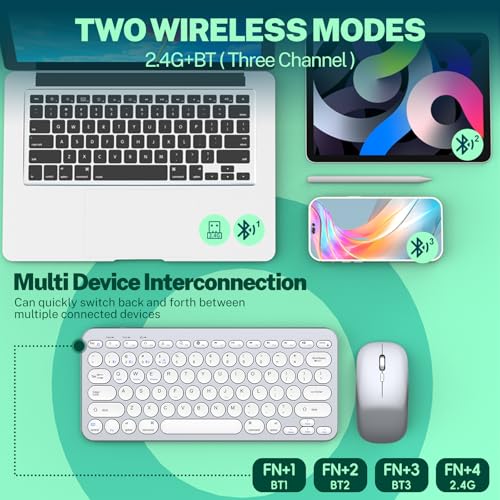 Wireless Keyboard and Mouse, Compact Multi-Device Bluetooth Keyboard and Mouse Combo, Silent Adjustable 2400 DPI, 2.4G+Bluetooth Computer Keyboards for Laptops Mac PC, Chrome OS, Travel (Silver White) - Image 2