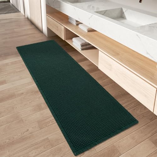 Upgraded Waffle Runner Rug Super Absorbent Non Slip Bath Mats for Bathroom Floor Washable Bathroom Runner Rug with Tassels, Ideal for Hallway Bedroom Laundry Room, Dark Green, 2' x 5'(24" x