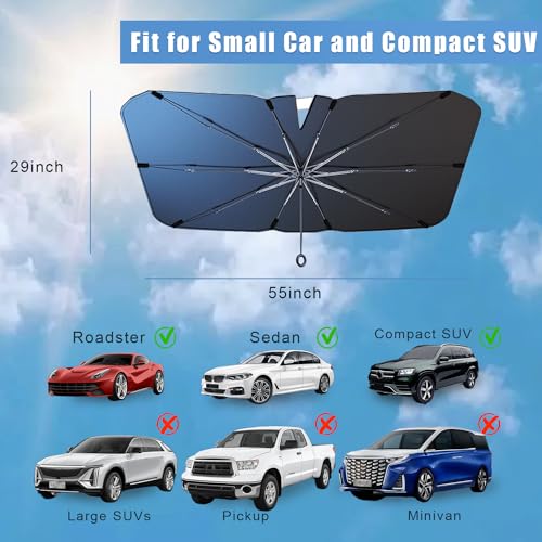 JDDRY Car Front Windshield Sun Shade with Pull Cord, Umbrella Sun Shade for Windshield, 2024 Sun Shades Cover for Small Car/Sedan/Compact SUV (140x74cm)
