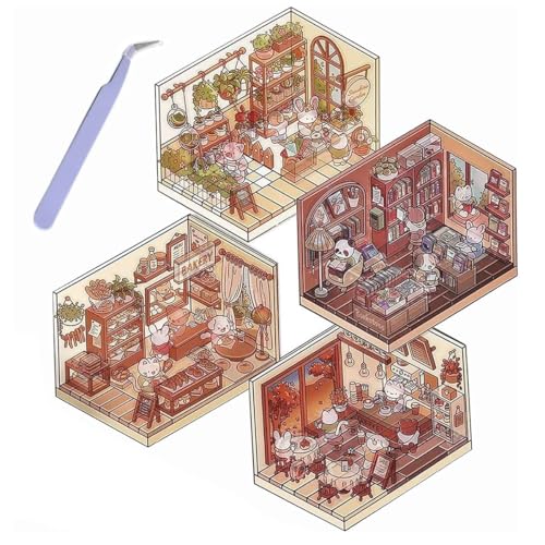 Image of HASTHIP 4 Pcs DIY 3D House Sticker Scene Set with Tweezer Room Decor