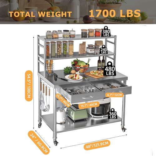 Image of Stainless Steel Table with Drawer & Shelf, 48 inchx24 inch Kitchen Prep Table | Heavy Duty Commercial Work Table, Kitchen Island Prep Station with multi function