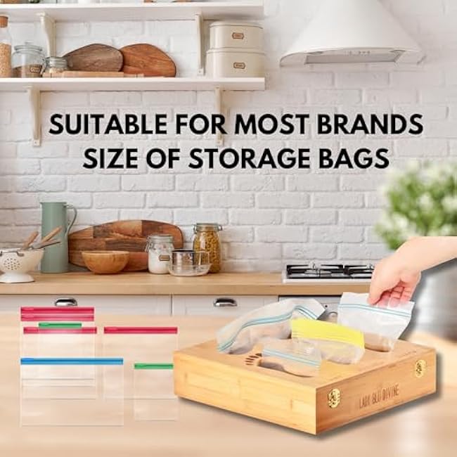 Bamboo 4 in 1 Zip Lock Bag Organizer, 12¡± Wall Mounted Kitchen Storage Organization Holder | Ziplock Bag Organizer Bundle for Kitchen Drawer
