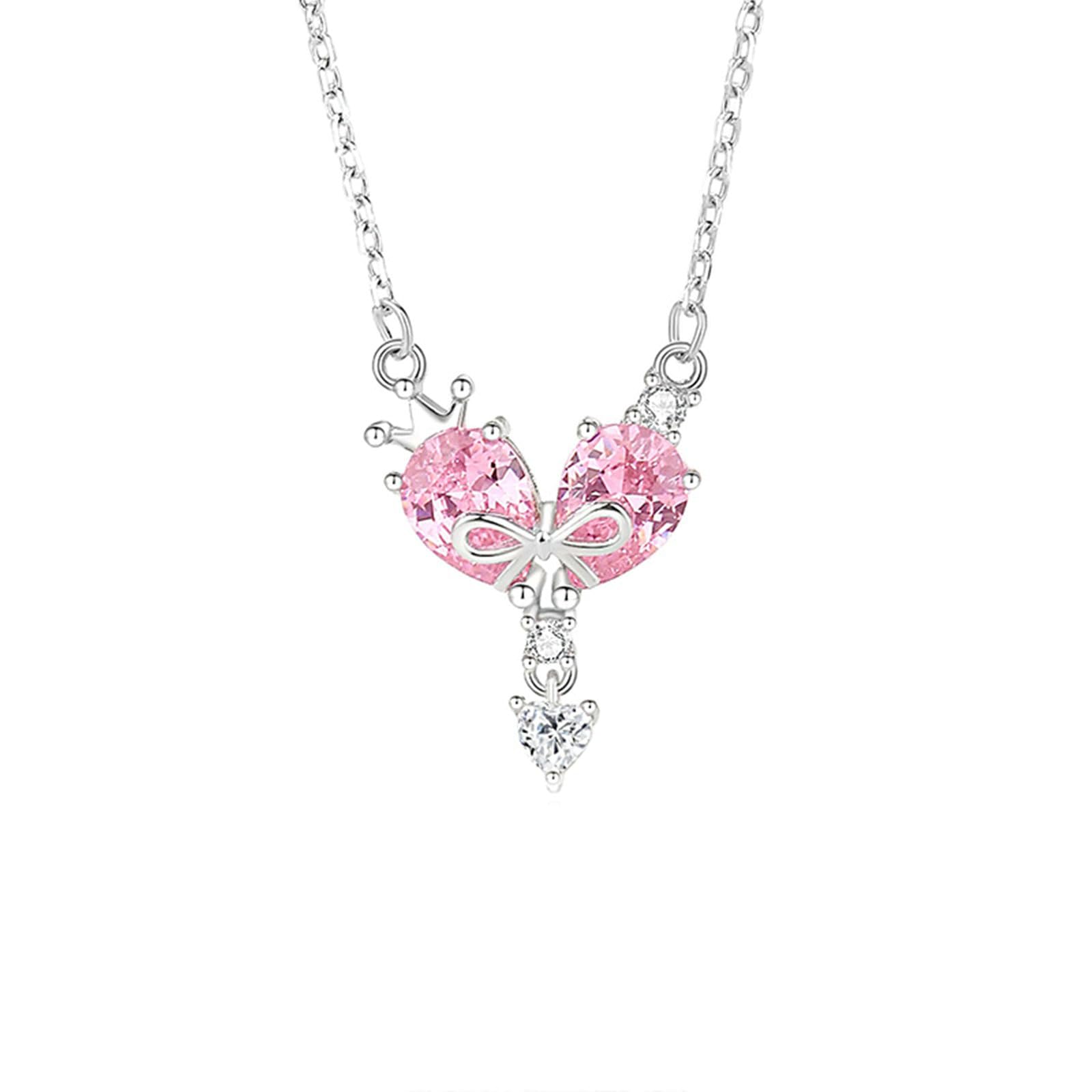 Collar para mujer, joyería de moda, oro blanco de 9 quilates, 14 quilates, 18 quilates, collar de platino, con colgante de corazón y lazo con zafiro rosa creado en laboratorio, 45 cm