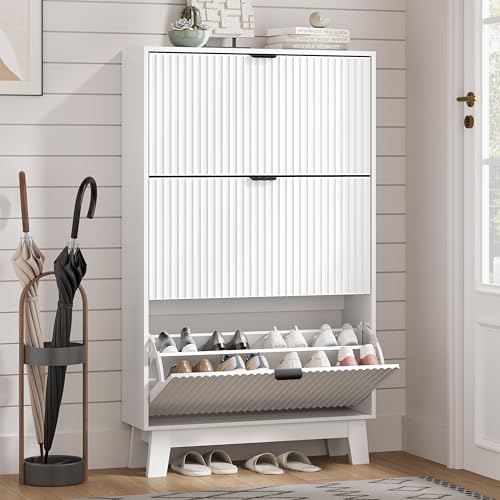 Image of Shoe Cabinet Storage for Entryway with 3 Flip Drawers, Fluted Narrow Shoe Organizer with Wooden Legs, Freestanding Slim Shoe Storage Hidden Shoe Rack Organizer for Front Door Entrance, Hallway, White