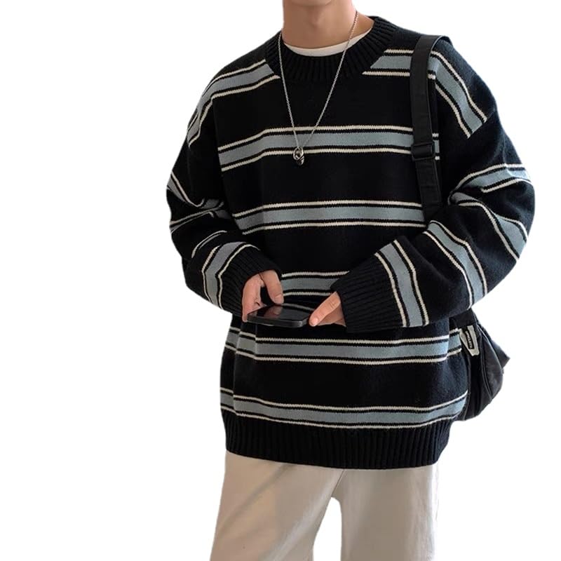 Casual Preppy Stripe Sweater for Men Vintage Aesthetic Oversized Pullovers Round Neck Long Sleeve Sweatshirt