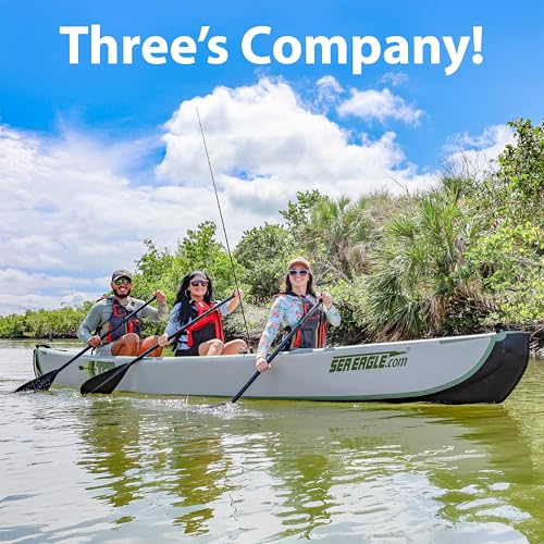 Sea Eagle TC16 Inflatable 16’ High Pressure Drop Stitch Travel Canoe-Wood Web Seats, Pump, Bag and Optional Paddles for Lakes, Rivers & Bays-Easy to Transport, Pack & Stow (TC16 Startup Package)