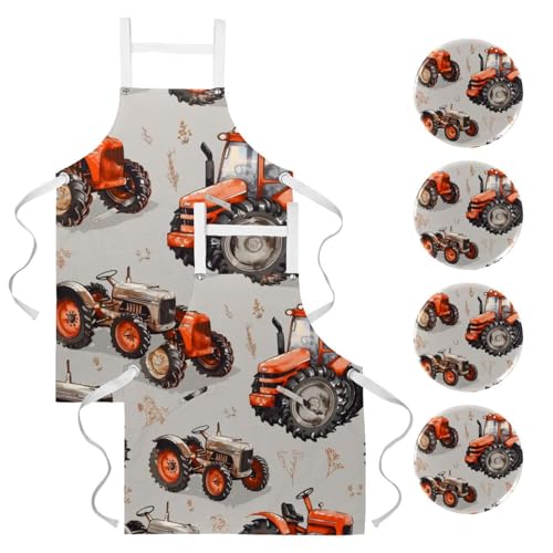 Tablier de cuisine haut de gamme lot de 2 imprimé tracteurs de ferme anciens et broches