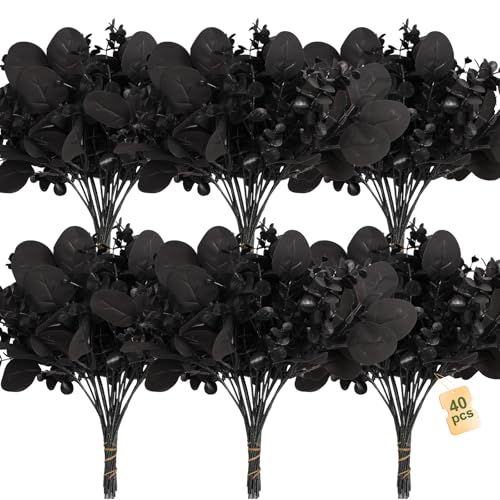 ZeKonan 40 Pcs Artificial Black Eucalyptus Stems Faux Eucalyptus Stems