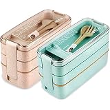 Iteryn Stackable Bento Box Lunch Box, Wheat Straw, 3-In-1 Compartment Japanese Lunch Containers Leak