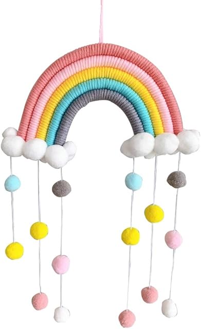 Mrinb Rainbow Wall Hanging Girls Room Wall Decor Hand Woven Cotton Rope Rainbow Hanging Decoration, Rainbow Tapestry With Felt Ball for Girls Room Decor Room Bedroom Playroom Nursery Decor (C)