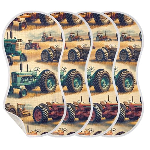 Muslin Burp Cloth for Baby 4PCS Vintage Farm Tractors Super Absorbent Burping Cloths, Bibs for Newborn Boys Girls