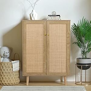 Anmytek rattan cabinet 44 h tall sideboard storage cabinet with crafted rattan front entryway shoe cabinet wood 2 door accent cabinet with adjustable shelves rustic oak h0030  urban country home decor