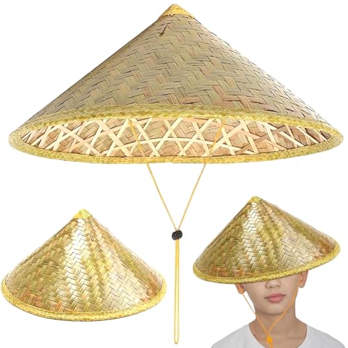 Hperu Sombrero paraguas para adultos, sombrero de bambú cónico oriental chino de 14 pulgadas con cuerda ajustable, tapa de lluvia de paja de arroz para pesca