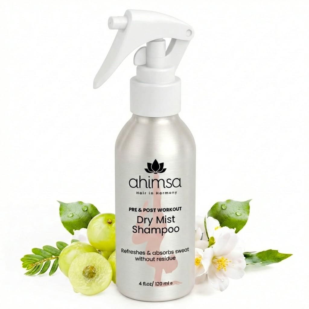 Ahimsa Non Aerosol Dry Shampoo Mist Spray, No White Residue Dark Hair Post Workout Dry Shampoo for Sweat, Oil & Odor Control - Cruelty Free - Vegan - Liquid & Quick Dry, Jasmine Scent (4oz)