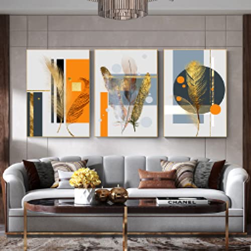 Peinture triptyque plume abstraite dorée 60x80cm art mural de qualité